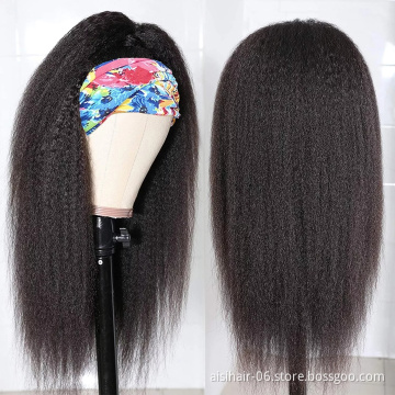 Cheap Wholesale Yaki Long Kinky Straight Headband Wig Raw Braillian Human Hair Curly Black Color For Black Women